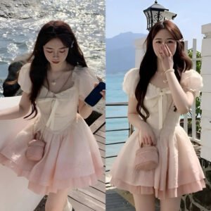 [Sale] Đầm váy thời trang nữ mặc đi chơi chất gấm có mút ngực loang màu hồng cột nơ voan tơ, váy có lớp lót QC🌹 💃