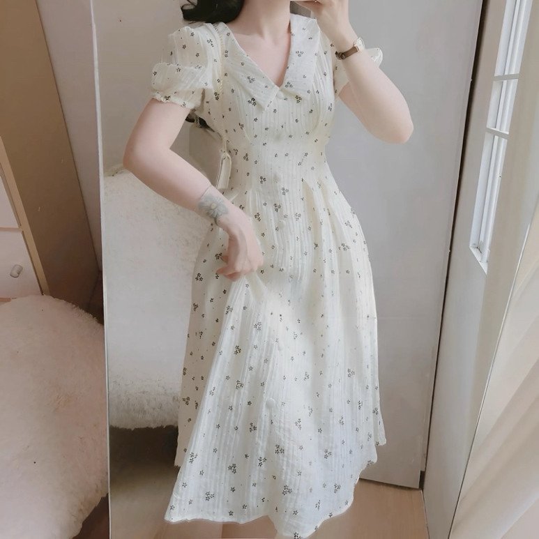 Đầm tiểu thư bồng bềnh thời trang nữ dự tiệc chất xốp hoa cổ V tay ngắn váy có lót dáng chữ A dài maãi s