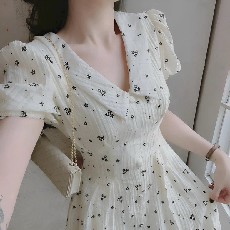 Đầm tiểu thư bồng bềnh thời trang nữ dự tiệc chất xốp hoa cổ V tay ngắn váy có lót dáng chữ A dài maãi s