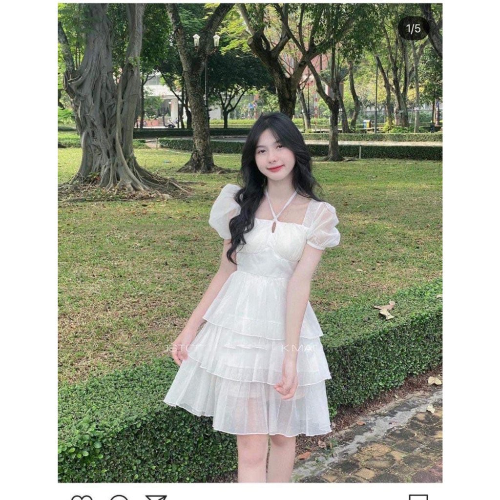 Váy babydoll dáng dài tay phồng 3 tầng cổ vuông tay bồng thắt dây-đầm dự tiệc đi chơi sang trọng màu trắng hàn quốc,AMEE