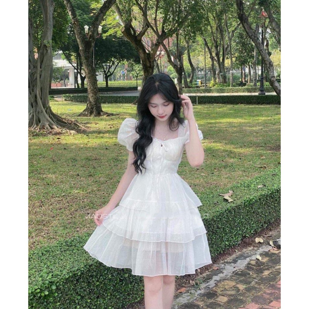 Váy babydoll dáng dài tay phồng 3 tầng cổ vuông tay bồng thắt dây-đầm dự tiệc đi chơi sang trọng màu trắng hàn quốc,AMEE