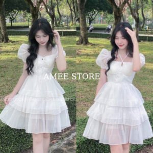 Váy babydoll dáng dài tay phồng 3 tầng cổ vuông tay bồng thắt dây-đầm dự tiệc đi chơi sang trọng màu trắng hàn quốc,AMEE