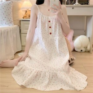 MEIQIYI Đầm ngủ đũi hai dây bản to thắt nơ có kèm mút ngực