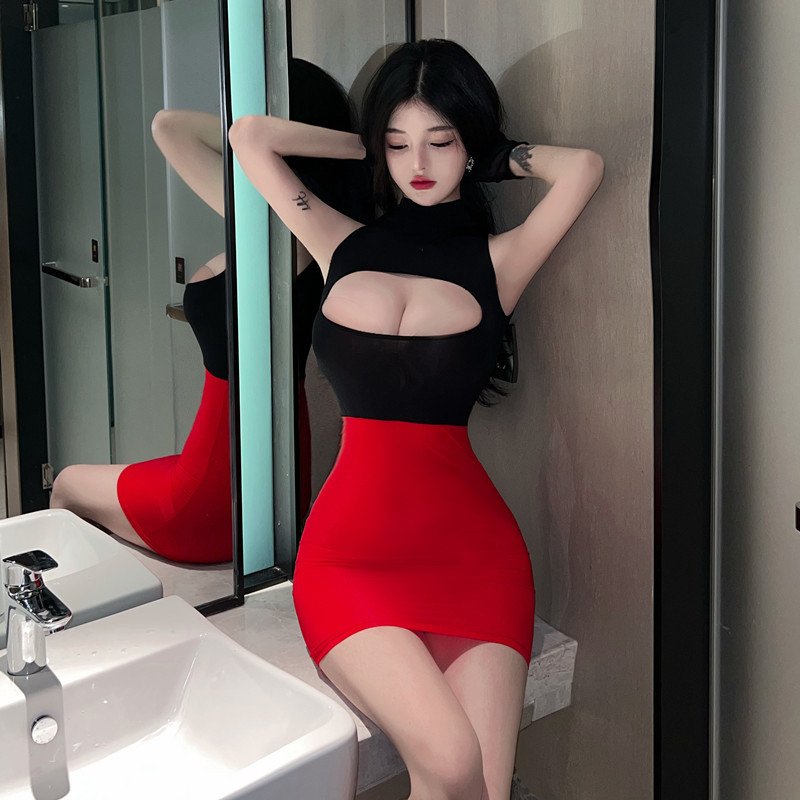 Váy ngủ ôm body tôn dáng hở ngực sexy quyến rũ đầm thư ký nữ công sở cổ lọ kèm quần lọt khe gợi cảm BIKI HOUSE N720