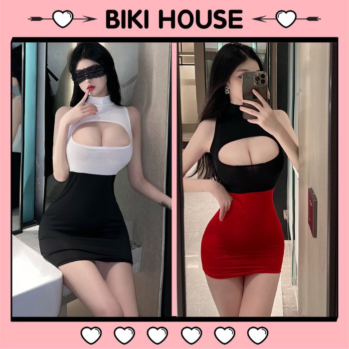 Váy ngủ ôm body tôn dáng hở ngực sexy quyến rũ đầm thư ký nữ công sở cổ lọ kèm quần lọt khe gợi cảm BIKI HOUSE N720