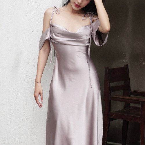 Váy Nữ Lụa Dự Tiệc Dáng Dài Trễ Vai NV636 Váy Lụa Cột Dây Xẻ Tà Siêu Tôn Dáng