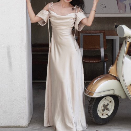 Váy Nữ Lụa Dự Tiệc Dáng Dài Trễ Vai NV636 Váy Lụa Cột Dây Xẻ Tà Siêu Tôn Dáng