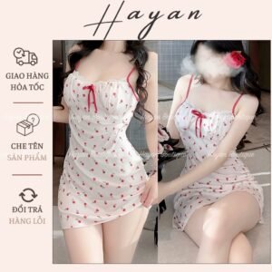 HT188 Váy ngủ cotton hoạ tiết hoa đỏ đính nơ kèm ĐỆM LÓT, đầm body cute dễ thương HT188 MÚT