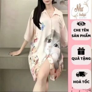 Đầm ngủ sơ mi dáng xuông ,Váy ngủ sơ mi cổ bẻ sang chảnh họa tiết đáng yêu cho nữ-Như Boutique