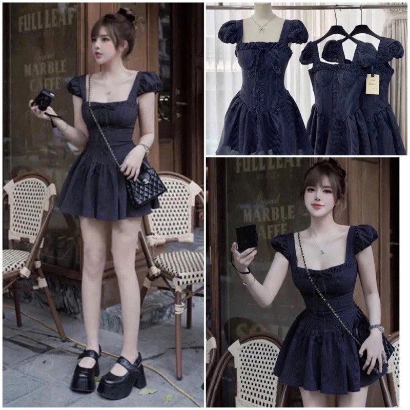 ĐẦM HAI DÂY TAY CON BUỘC NƠ DÁNG NGẮN SỌC HOT