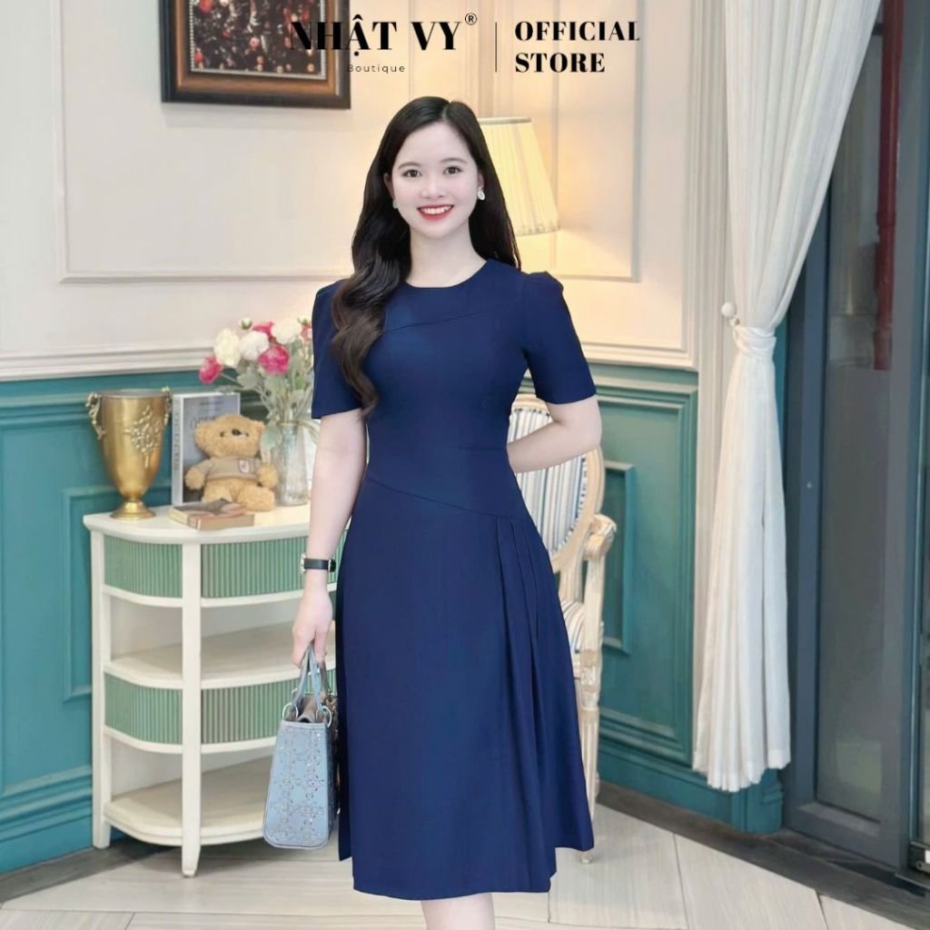 Đầm công sở Nhật Vy cổ tròn nhấn eo cách điệu chất lụa phù hợp đi chơi - D3146