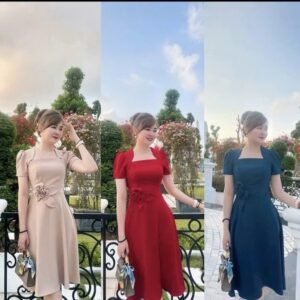 Đầm Nữ CỔ VUÔNG Dáng Xòe ĐÍNH 4 NƠ TO EO Cực Đẹp Mới Thời Trang