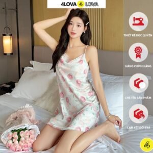 Váy Ngủ Lụa 2 Dây, Đầm Ngủ Lụa Cao Cấp 4LOVA Kiểu Dáng Cổ Đổ Họa Tiết 3D Hoa Hồng Chất Lụa Latin