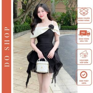 Đầm dự tiệc trễ vai sang chảnh chất tafta phối tơ Váy trễ vai đính hoa tiểu thư TX6 DOSHOP