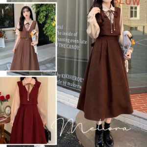 Đầm sơ mi may liền áo gile 3 màu cổ đính dây nơ xinh xắn phong cách Hàn Quốc