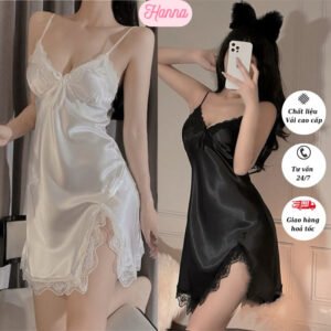 Váy ngủ nữ sexy chất liệu lụa cao cấp đầm ngủ 2 dây phối ren xẻ tà mặc nhà gợi cảm bigsize đến 75kg