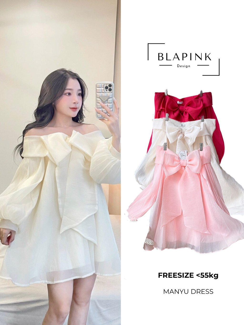 Váy Babydoll Trễ Vai Thắt Nơ To Tay Bồng Xoè - Manyu Dress