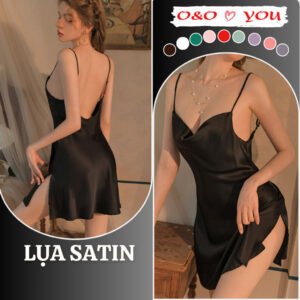 Đầm ngủ 2 dây cổ đổ liền thân xẻ tà 1 bên chất liệu lụa Satin cao cấp, váy ngủ quảng châu A25588 O&O