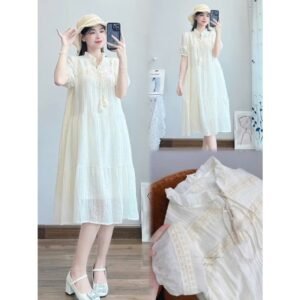 Váy bầu xinh, Đầm bầu phong cách tiểu thư, chất voan tơ thô 2 lớp, nơ ngực, tay phồng có chun, Mã V024