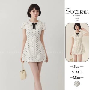 Váy Nữ Chấm Bi Ngắn Tay Bồng Họa Tiết Chấm Bi NV790 Kèm Tag Nơ Chấm Bi Hot Trend