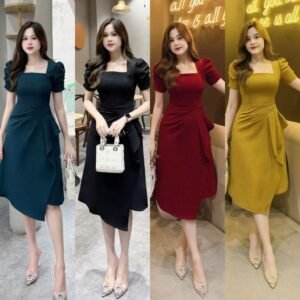Bigsize, Đầm Nữ Cổ Vuông Tay Nhún Xếp Ly Eo Chéo Tà Thanh Lịch 5 Màu A12