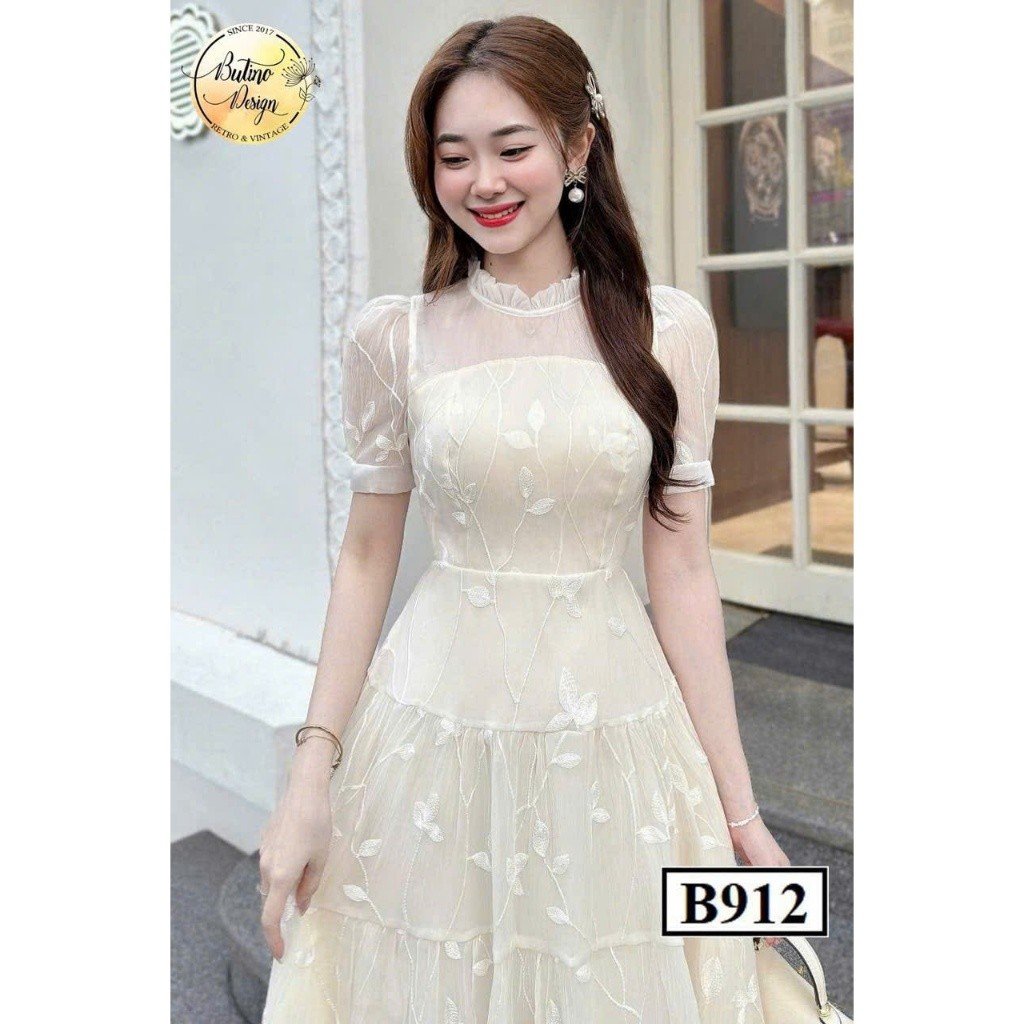 Đầm đi tiệc dáng xòe form dài chất ren thêu hoa sang chảnh Ht972