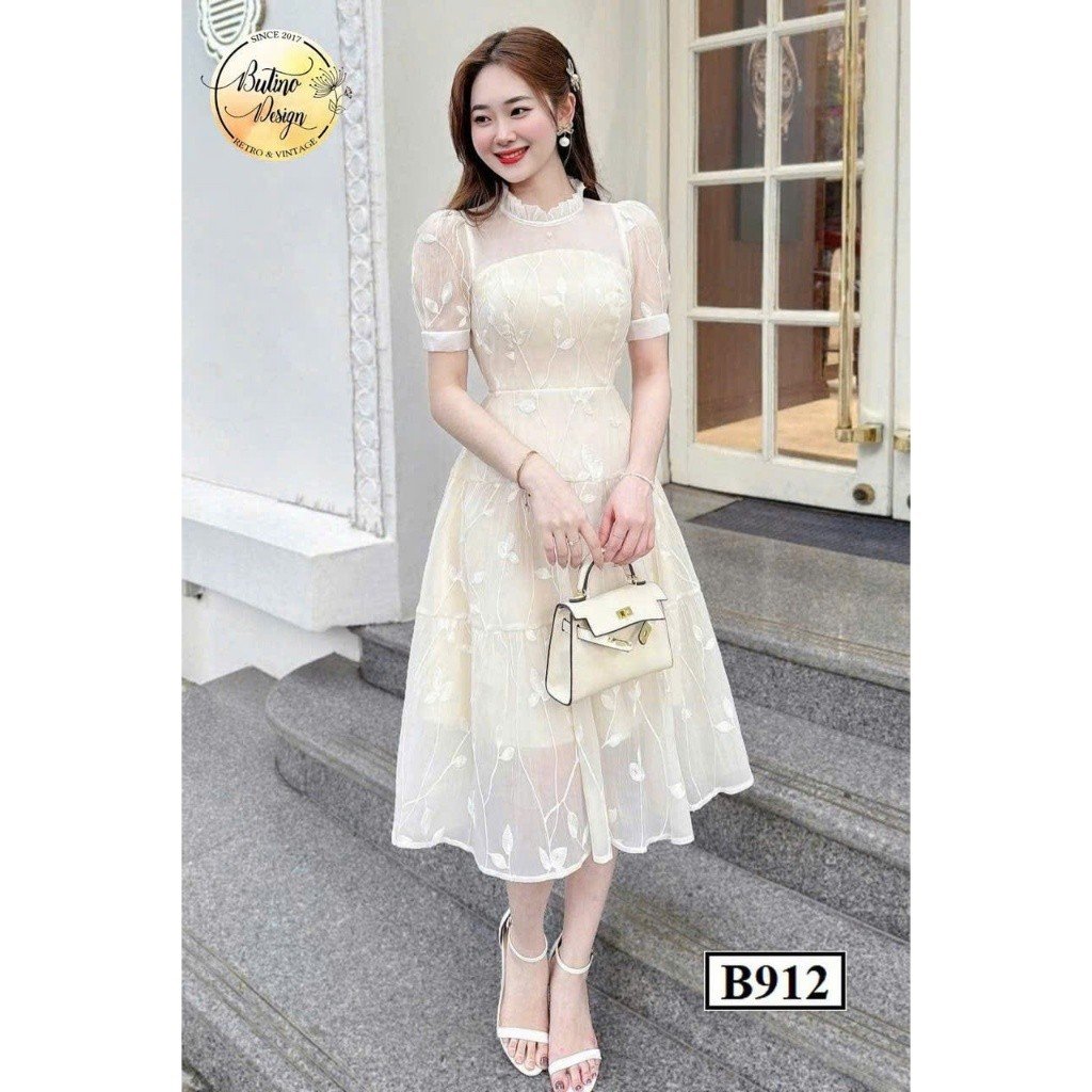 Đầm đi tiệc dáng xòe form dài chất ren thêu hoa sang chảnh Ht972