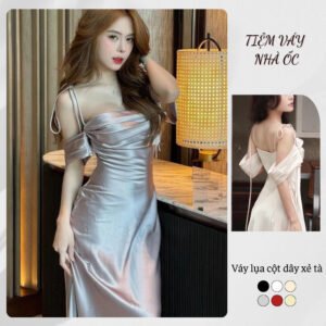 Váy Nữ Lụa Dự Tiệc Dáng Dài Trễ Vai NV636 Váy Lụa Cột Dây Xẻ Tà Siêu Tôn Dáng