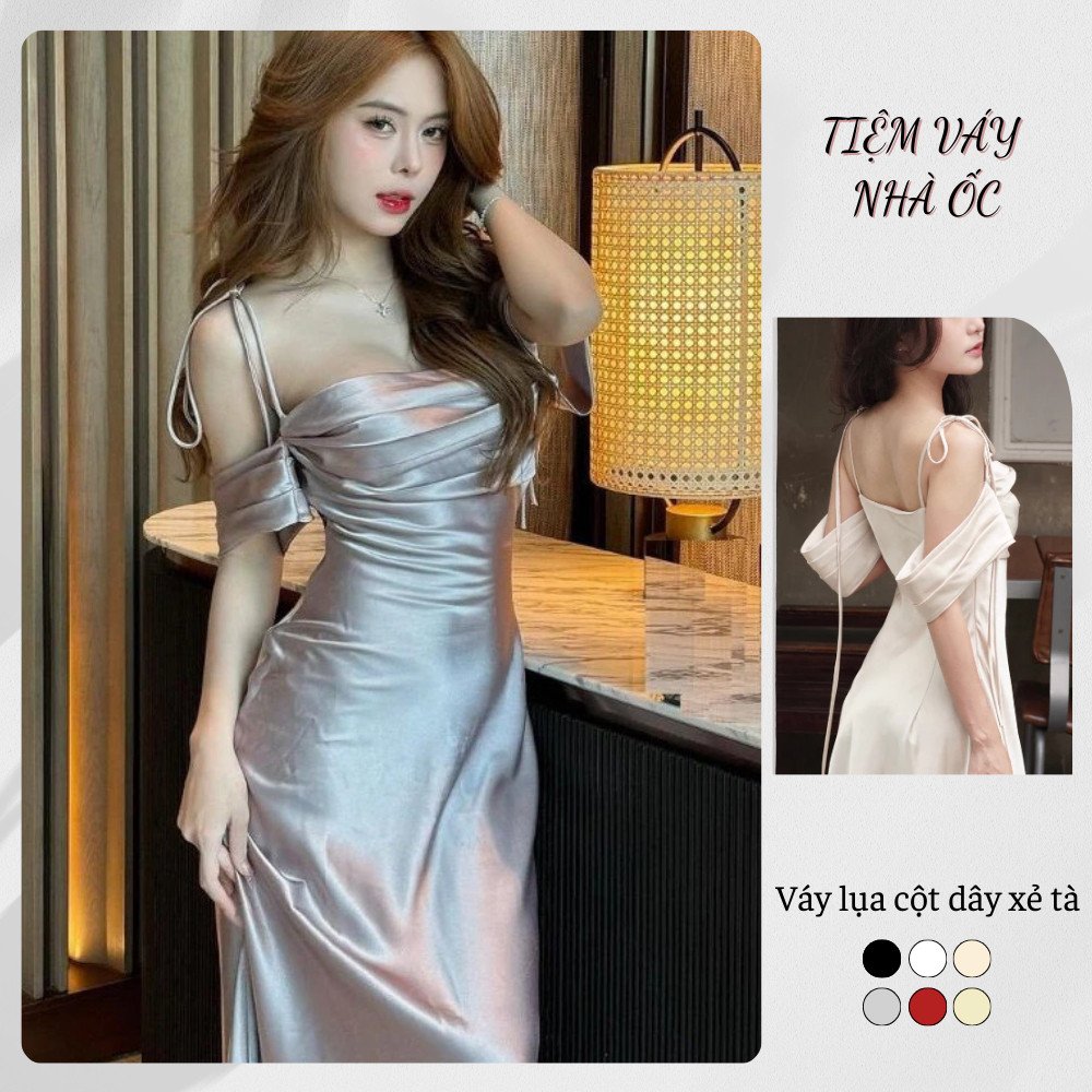 Váy Nữ Lụa Dự Tiệc Dáng Dài Trễ Vai NV636 Váy Lụa Cột Dây Xẻ Tà Siêu Tôn Dáng