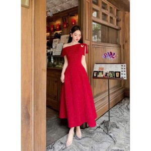 HYNA Thiết kế váy đỏ dự tiệc tiểu thư trễ vai dáng xoè, phù hợp đi cưới, đi chơi tết, đi chơi noel sang chảnh (KÈM TAG)