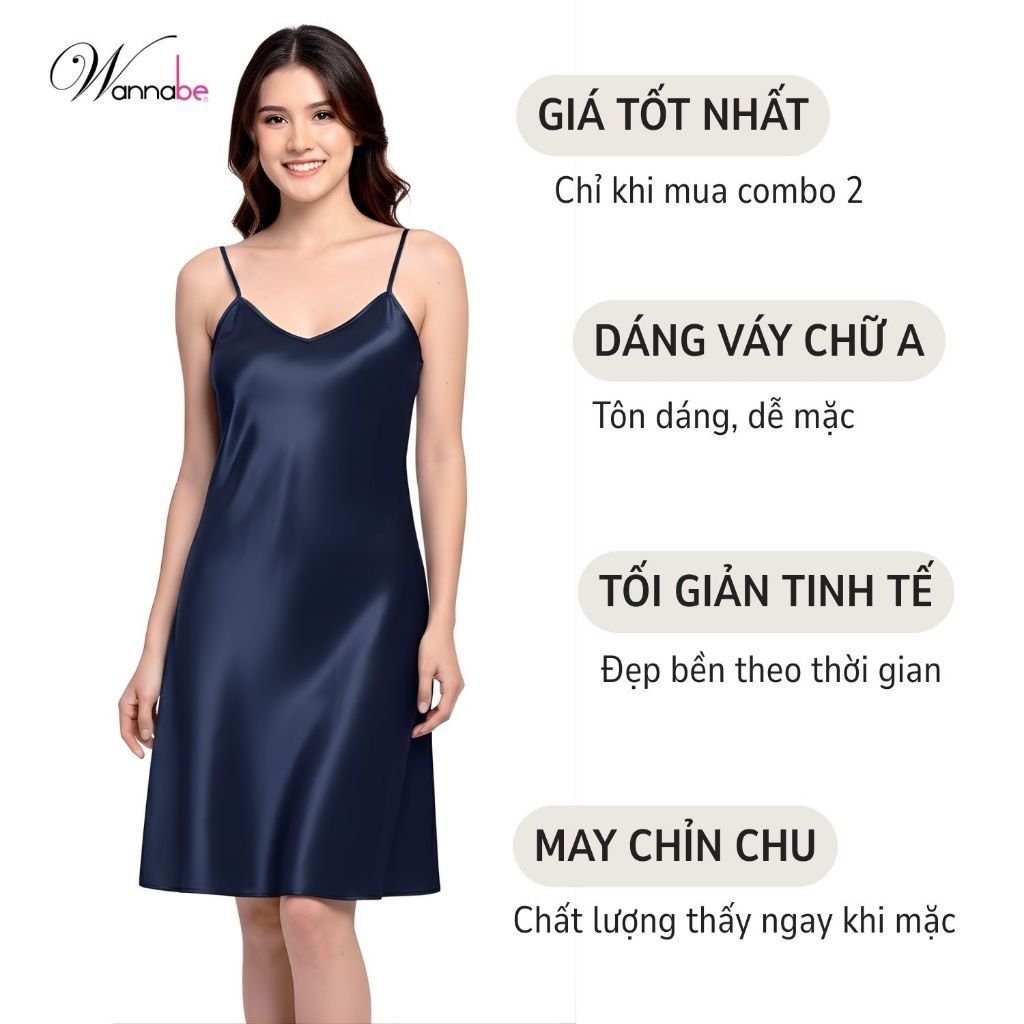 Váy Ngủ Lụa Satin 2 Dây Tối Giản Thanh Lịch Dáng Suông WANNABE thoải mái mát mẻ cả ngày