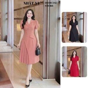 Đầm vest nữ dự tiệc thiết kế Nhật Vy phối cúc bọc xếp ly chất linen gân phù hợp công sở - D2740