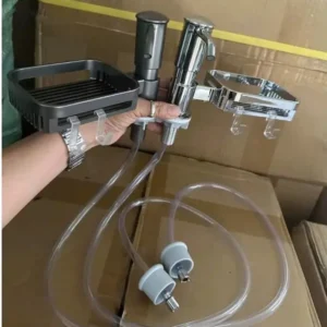 Vòi nhấn nước rửa chén có khay, hút nước rửa bát nhựa mạ kèm dây dẫn