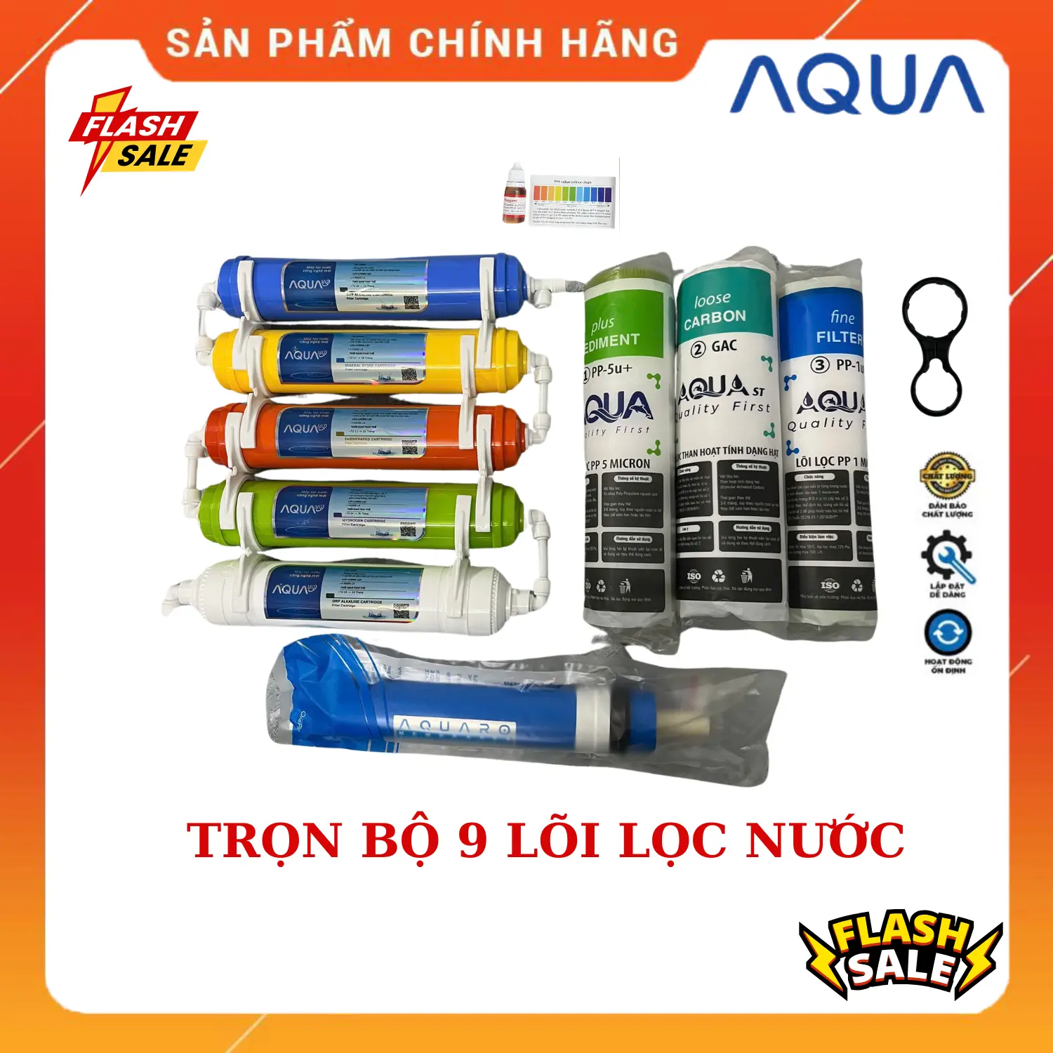 COMBO từ 1 - 9 chính hãng AQUA lắp được cho tất cả máy lọc nước RO bao gồm lõi 123, 4 RO ,56789 tạo khoáng tặng kèm 1 tay vặn tháo lắp + 1 lọ đo độ PH máy lọc máy lọc máy lọc uống trực tiếp