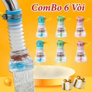 Combo 6 Đầu Vòi lọc nước rửa bát xoay 360 Có thể kéo dài Chống bắn nước, Lọc cặn Bẩn