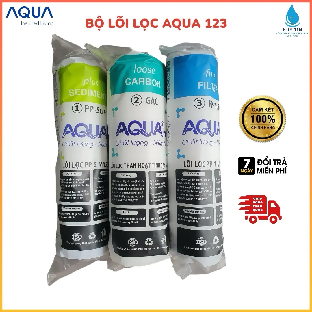 { Tặng Kèm Tay Vặn } Bộ lọc sinh hoạt AQUA 3 cốc 10 inch {đã kèm bộ lõi lọc 123} lọc chặn đầu nguồn chính hãng aqua