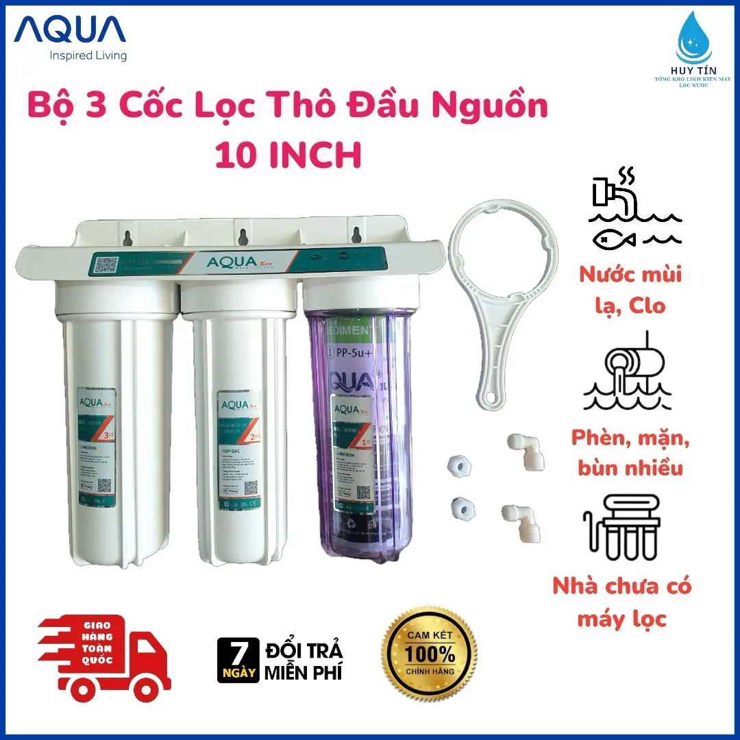 { Tặng Kèm Tay Vặn } Bộ lọc sinh hoạt AQUA 3 cốc 10 inch {đã kèm bộ lõi lọc 123} lọc chặn đầu nguồn chính hãng aqua