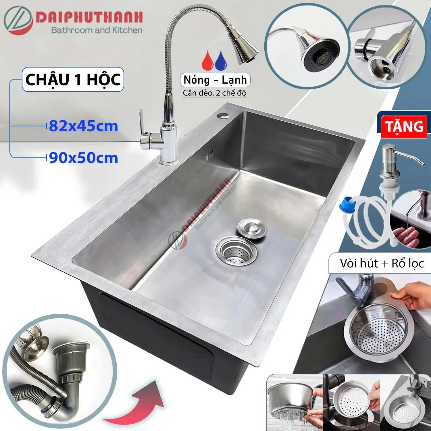 COMBO Chậu Rửa Bát Inox 1 Hộc Kèm Vòi Nhiều Kích Thước 60 Đến 90cm - Chậu đủ xi phông, 2 lựa chọn vòi, tặng 2 món phụ kiện
