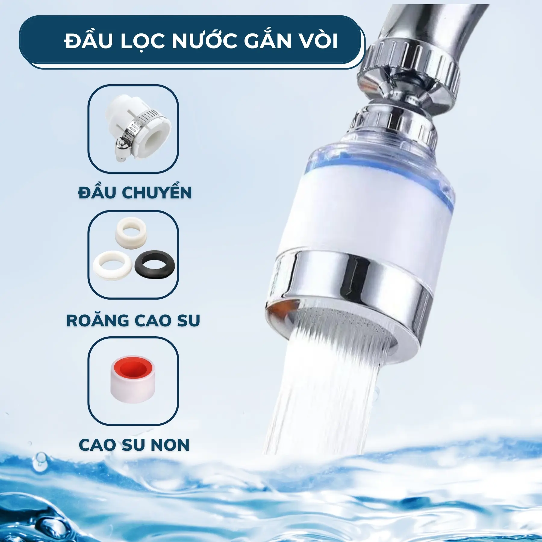 Đầu vòi lọc nước đa năng kèm lõi lọc canxi sunfit, thích nghi hầu hết các loại vòi