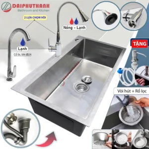 COMBO Chậu Rửa Bát Inox 1 Hộc Kèm Vòi Nhiều Kích Thước 60 Đến 90cm - Chậu đủ xi phông, 2 lựa chọn vòi, tặng 2 món phụ kiện