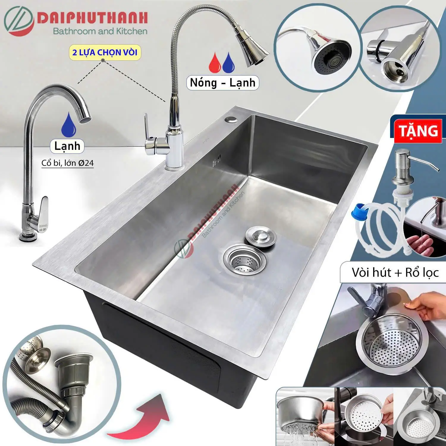 COMBO Chậu Rửa Bát Inox 1 Hộc Kèm Vòi Nhiều Kích Thước 60 Đến 90cm - Chậu đủ xi phông, 2 lựa chọn vòi, tặng 2 món phụ kiện