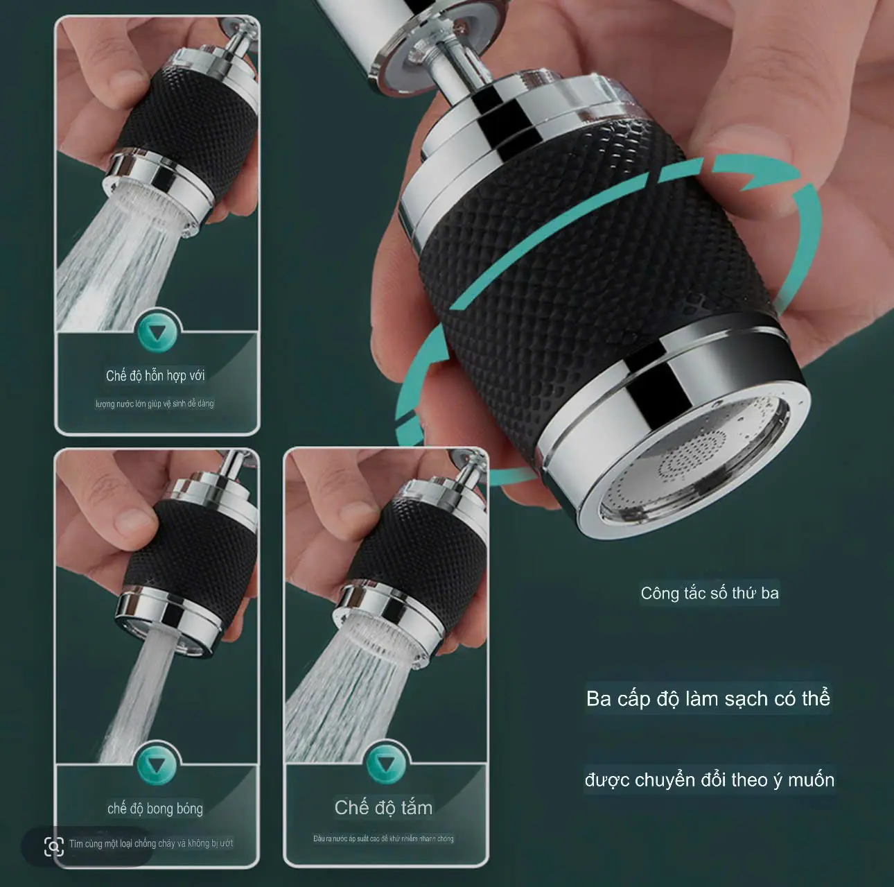 Đầu Vòi Rửa Bát Tăng Áp 3 Chế Độ Phun Nước Xoay 360 màu đen Vòi Tăng Áp Gắn Bồn Rửa Chén Tiện Lợi