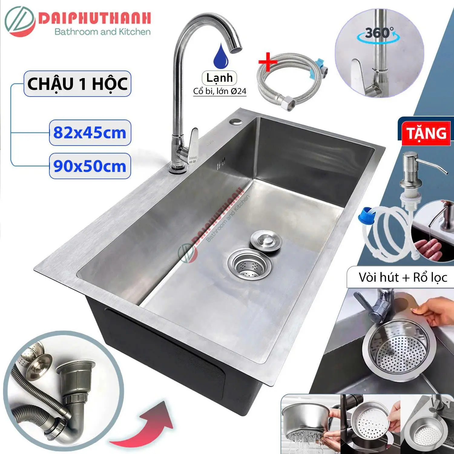 COMBO Chậu Rửa Bát Inox 1 Hộc Kèm Vòi Nhiều Kích Thước 60 Đến 90cm - Chậu đủ xi phông, 2 lựa chọn vòi, tặng 2 món phụ kiện