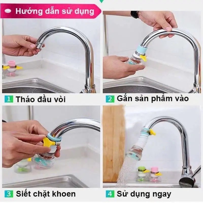 Combo 6 Đầu Vòi lọc nước rửa bát xoay 360 Có thể kéo dài Chống bắn nước, Lọc cặn Bẩn