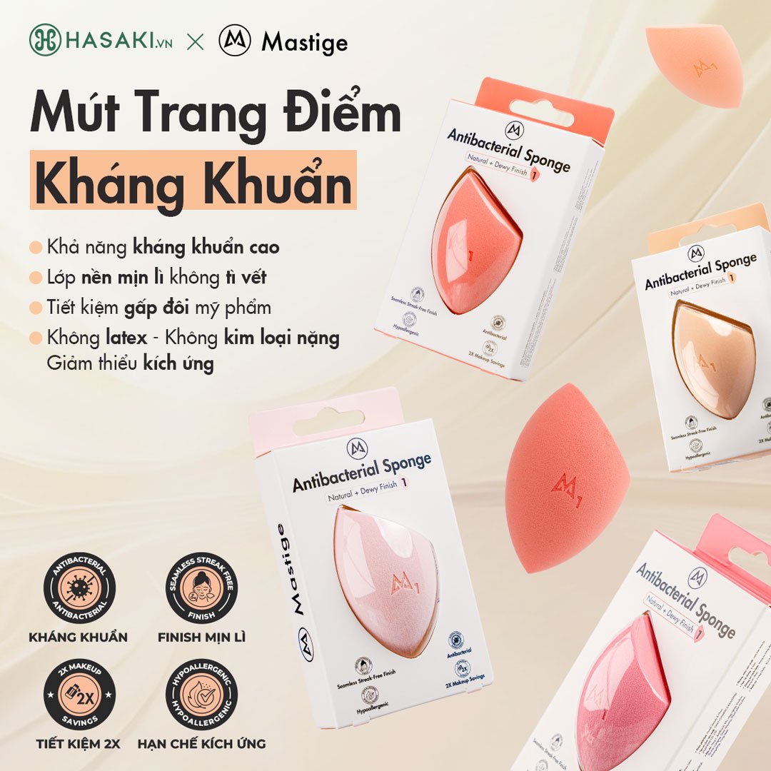 Combo 2 Mút Tán Nền Trang Điểm Mastige Kháng Khuẩn Màu Hồng