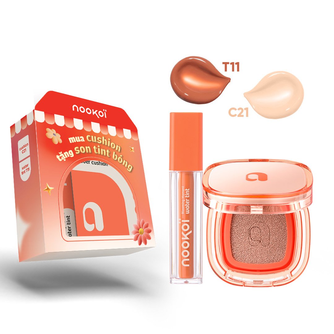 Bộ Nookoi Phấn Nước C21 Beige Tông Da Lạnh 12g + Son Tint T11 Cam Đất 3.8g