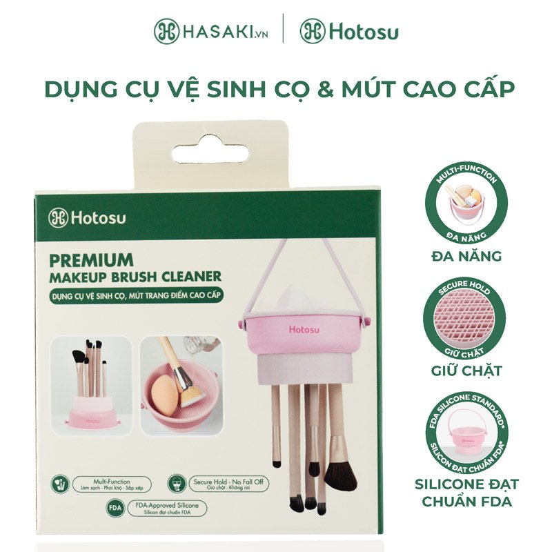 Combo Hotosu Dụng Cụ Vệ Sinh Cọ Và Mút Cao Cấp (Màu Hồng) + Nước Rửa Cọ Thuần Chay 50ml