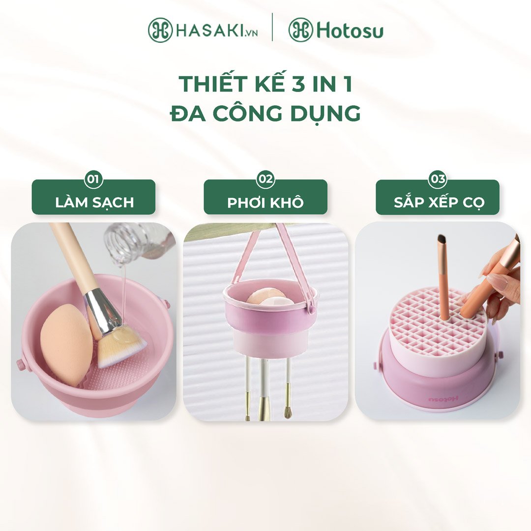 Combo Hotosu Dụng Cụ Vệ Sinh Cọ Và Mút Cao Cấp (Màu Hồng) + Nước Rửa Cọ Thuần Chay 50ml