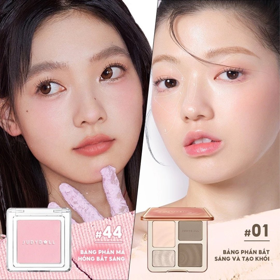 Combo Judydoll Bảng Highlight Và Tạo Khối 01 Tông Lạnh & Phấn Má Hồng 44 Hồng Sữa 9g+2g