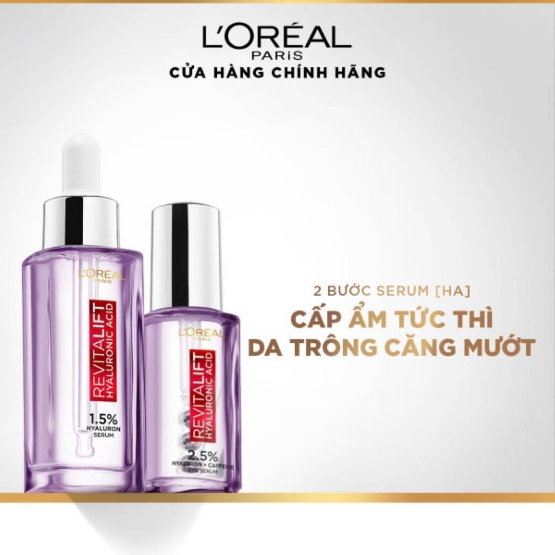 Combo L'Oreal Serum Hyaluronic Acid Cấp Ẩm & Giảm Bọng Mắt, Đầy Rãnh Nhăn
